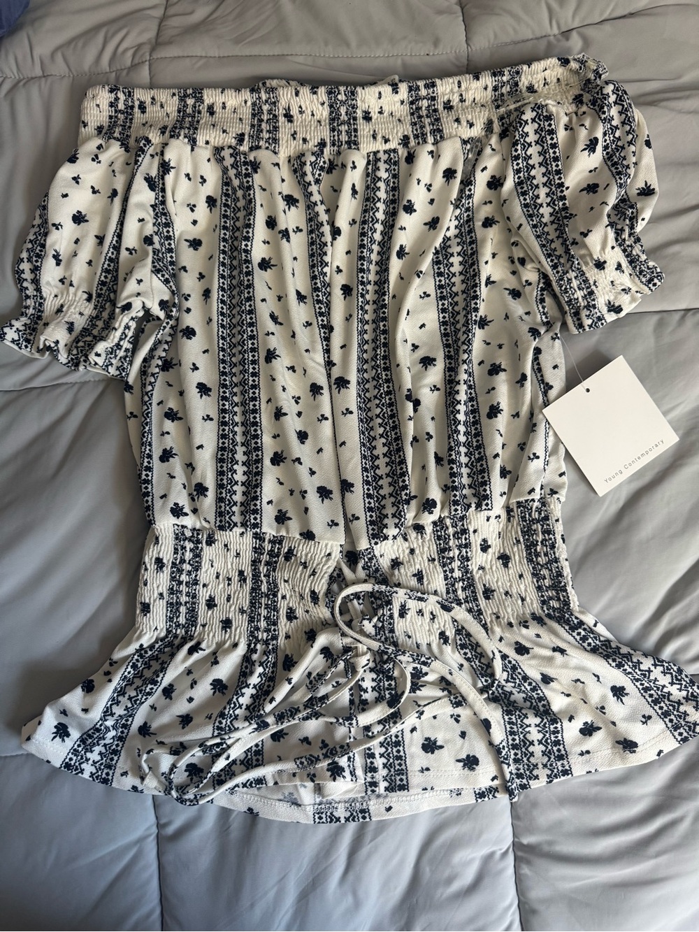 White/ivory & Navy Off-Shoulder Smocked Waist Peasant Top